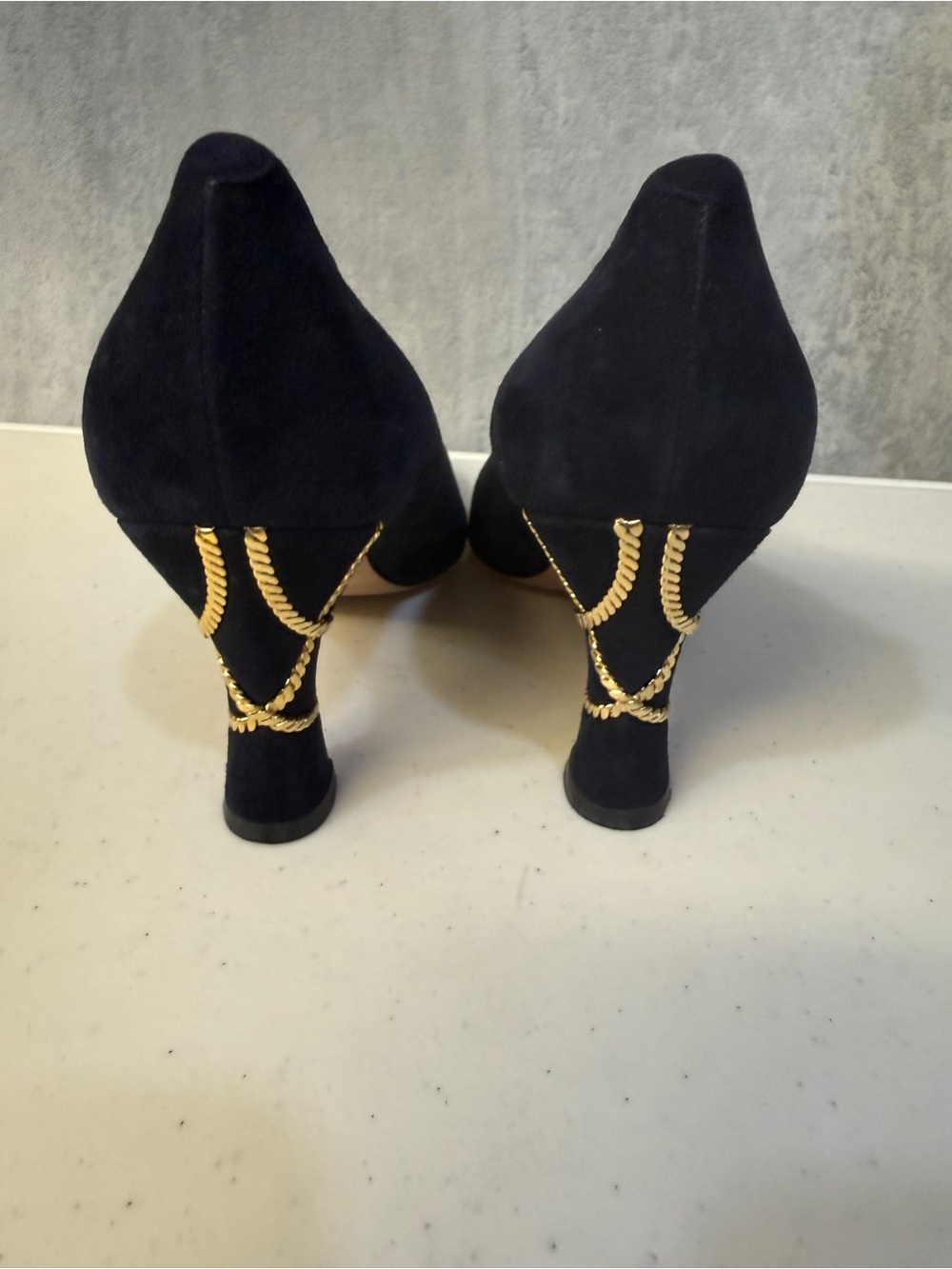Bally Suede Heels Size 7.5 Navy Pumps with Gold Chain Heel Detail